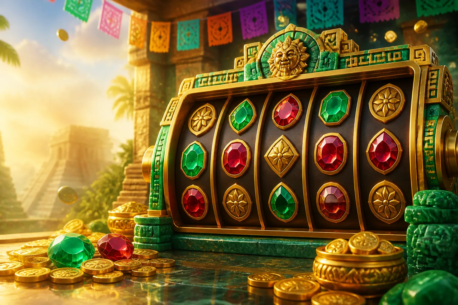 Maquina de Fortune Gems 500 con carretes de gemas y monedas doradas